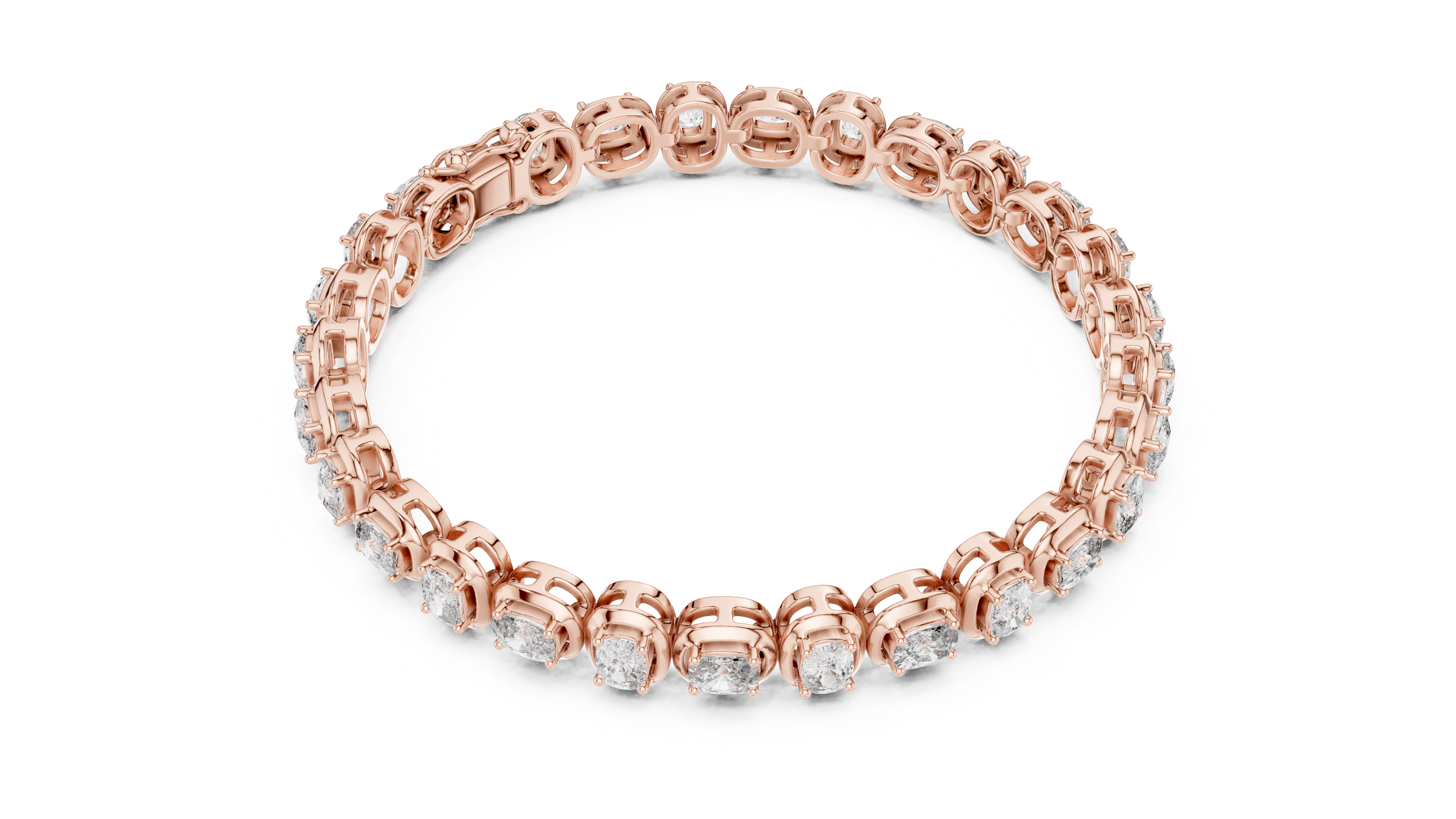Rose gold cushion-cut diamond tennis bracelet, top view showing cushion-cut diamond row.