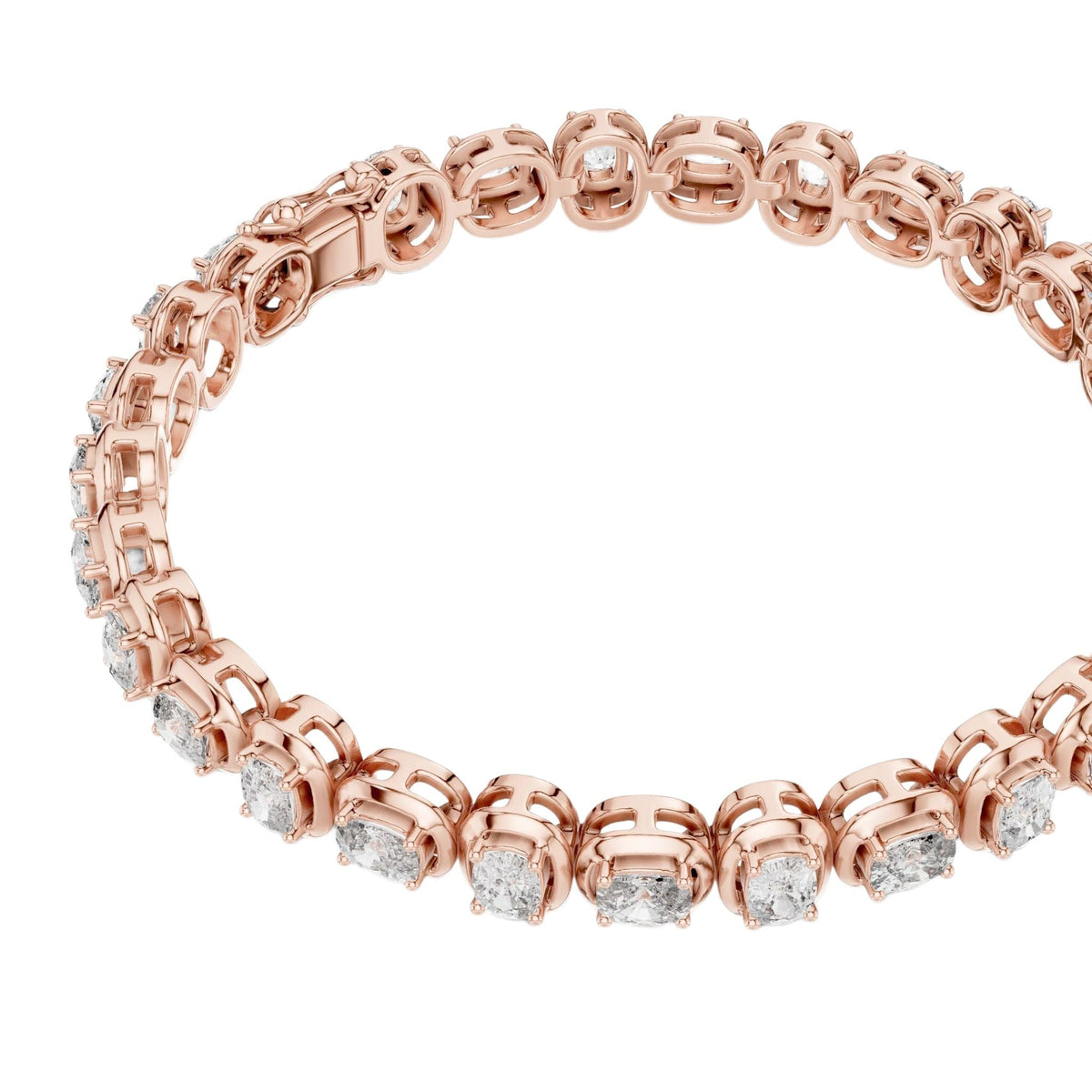 Rose gold diamond tennis bracelet with cushion-cut stones in a flexible chain setting