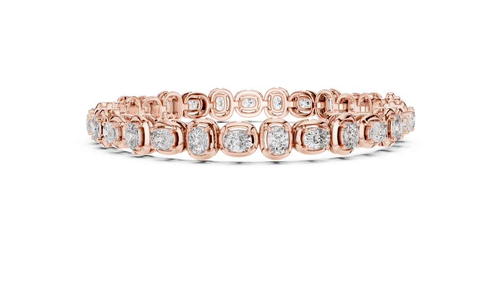 Rose gold cushion-cut diamond tennis bracelet, side view with raised diamond settings.
