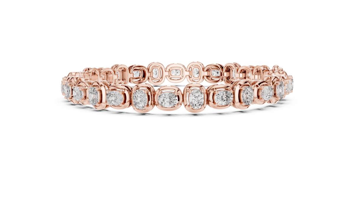 Rose gold cushion-cut diamond tennis bracelet, centered stones in a straight row setting