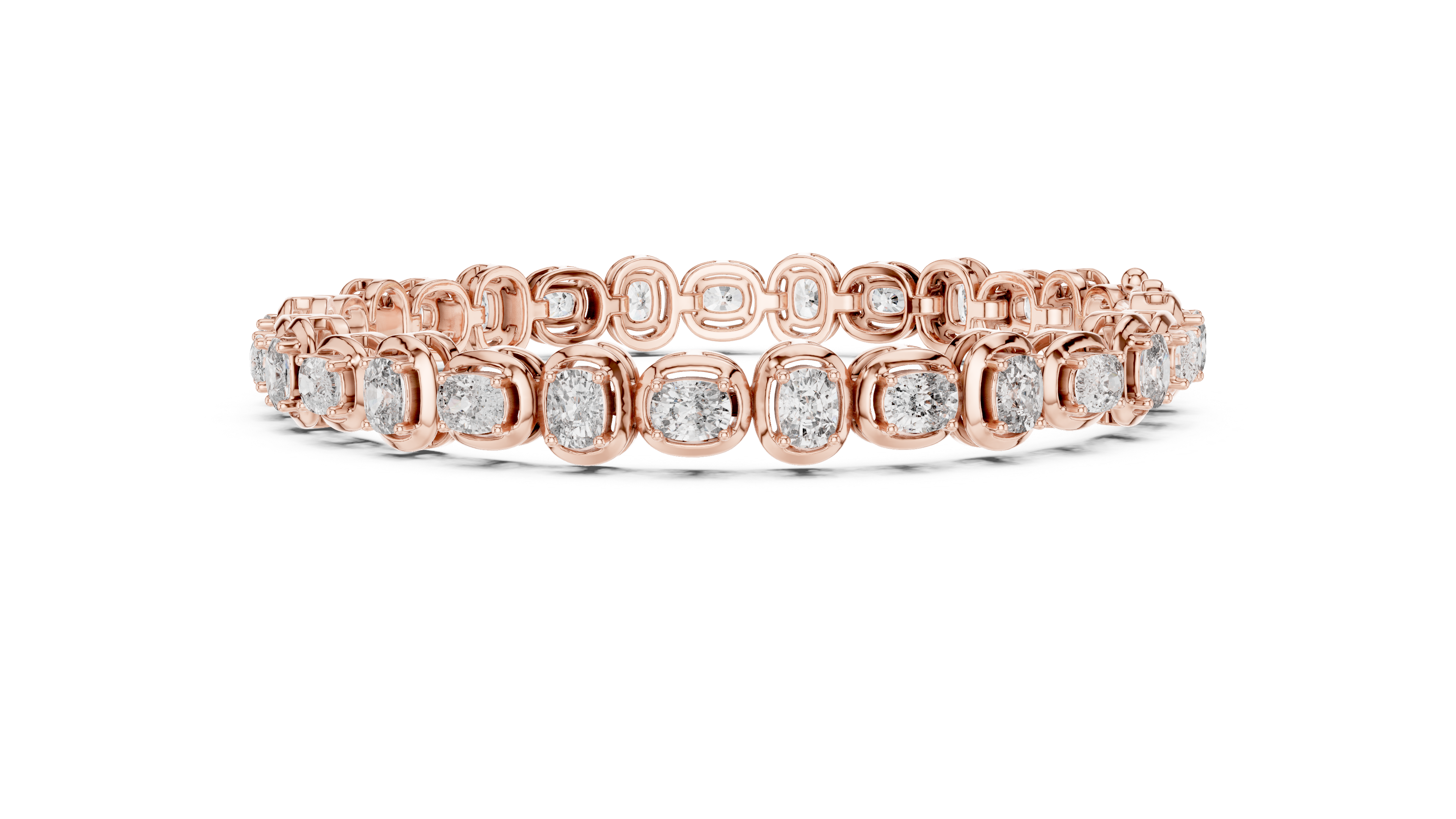 Rose gold cushion-cut diamond tennis bracelet, side view with raised diamond settings.