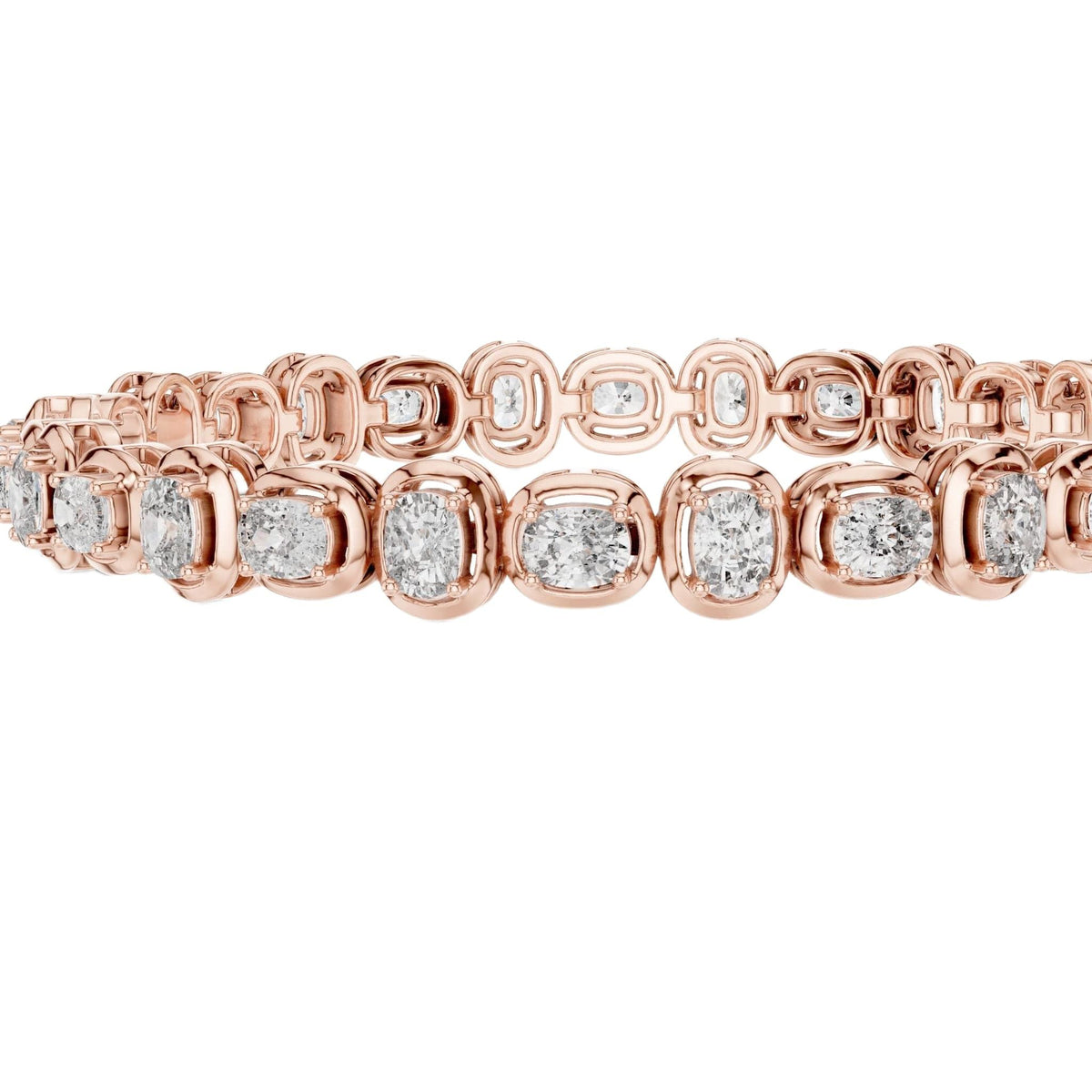 Rose gold cushion-cut diamond tennis bracelet, centered stones in a straight row setting