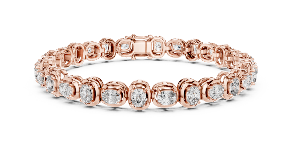 Rose gold cushion-cut diamond tennis bracelet, close side view of linked diamond sections.