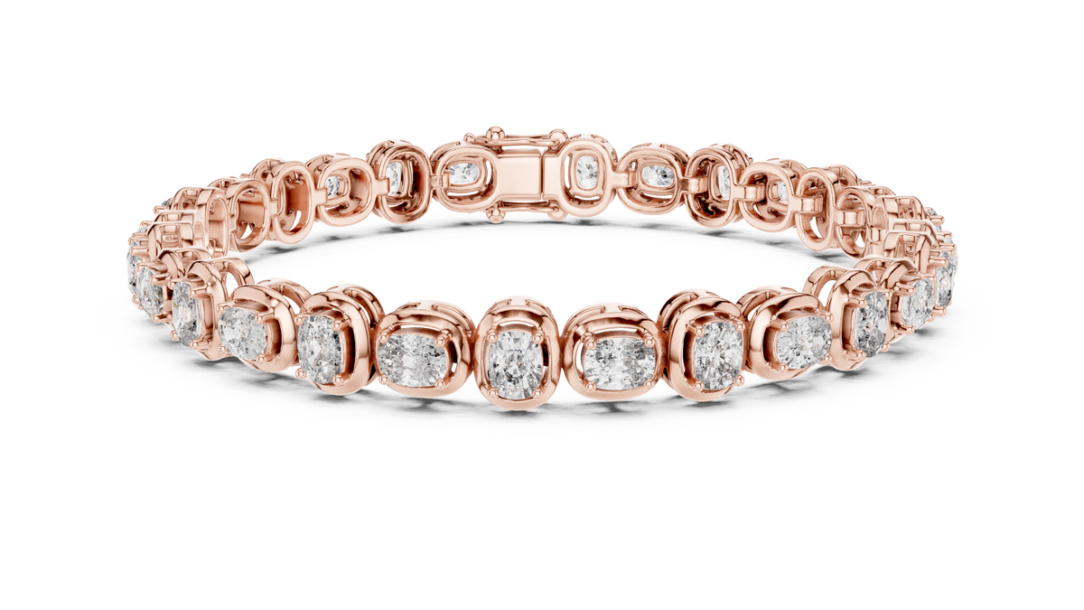 Rose gold diamond tennis bracelet with cushion-cut stones across the band, side view