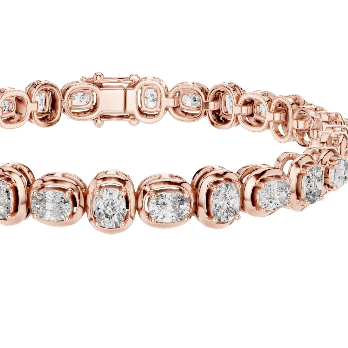 Rose gold diamond tennis bracelet with cushion-cut stones across the band, side view