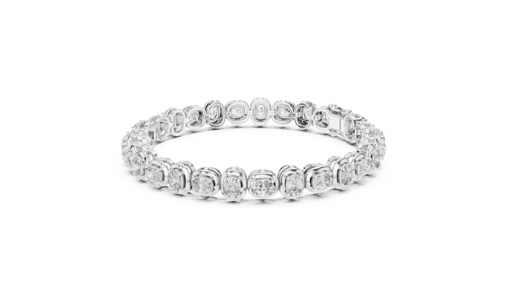 White gold cushion-cut diamond tennis bracelet, top view with evenly spaced cushion-cut stones.