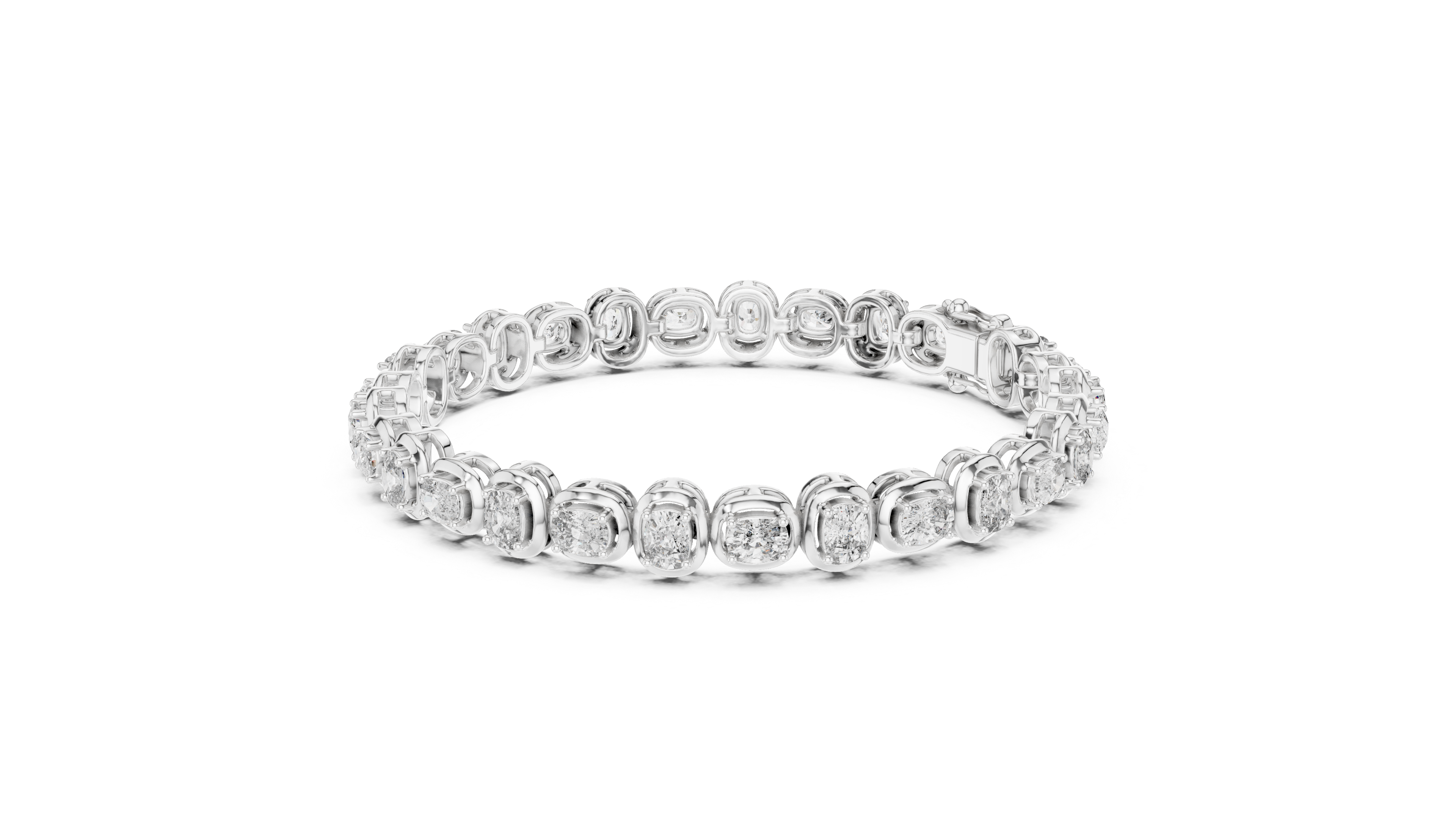 White gold cushion-cut diamond tennis bracelet, top view with evenly spaced cushion-cut stones.
