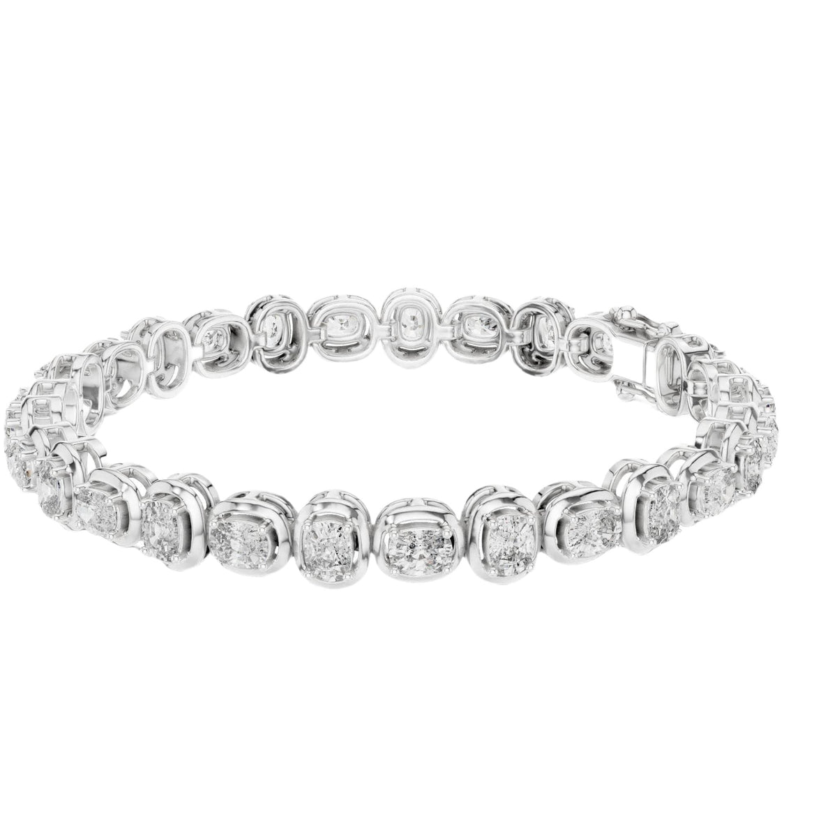 White metal cushion-cut diamond tennis bracelet with a smooth, linked band and sparkle stones