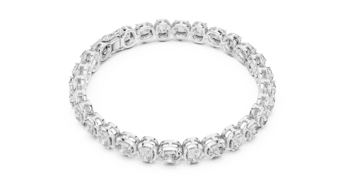White metal diamond tennis bracelet with cushion-cut stones in a continuous chain row