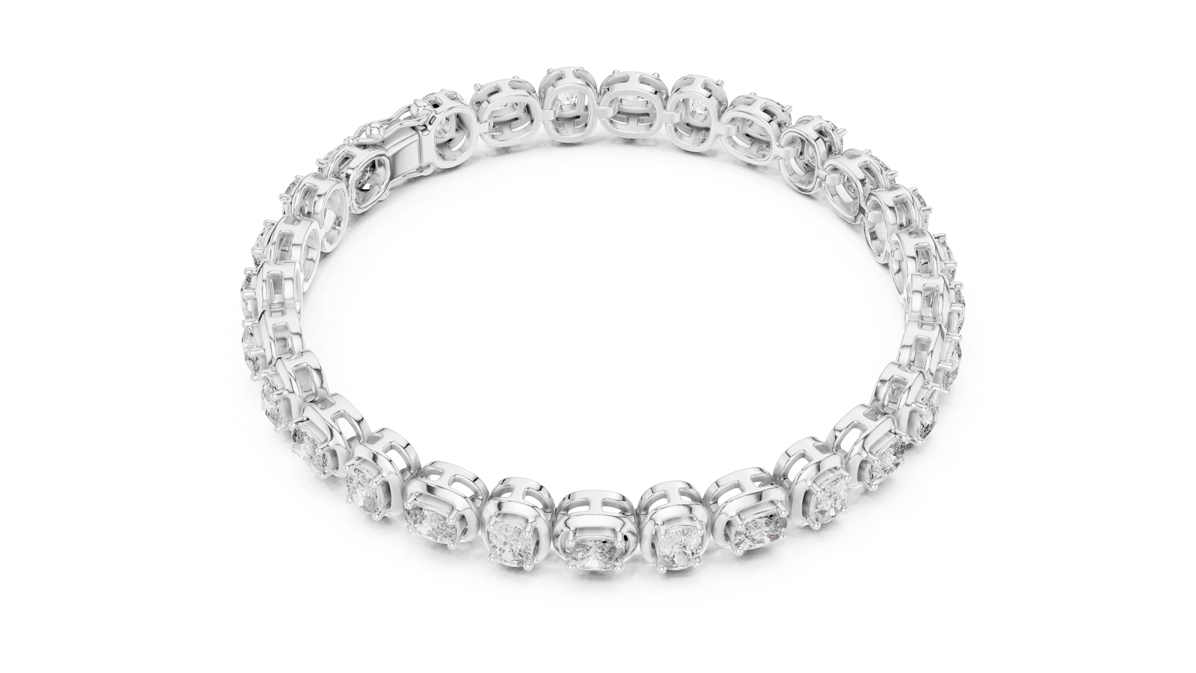 White gold cushion-cut diamond tennis bracelet, curved view with linked diamond row.