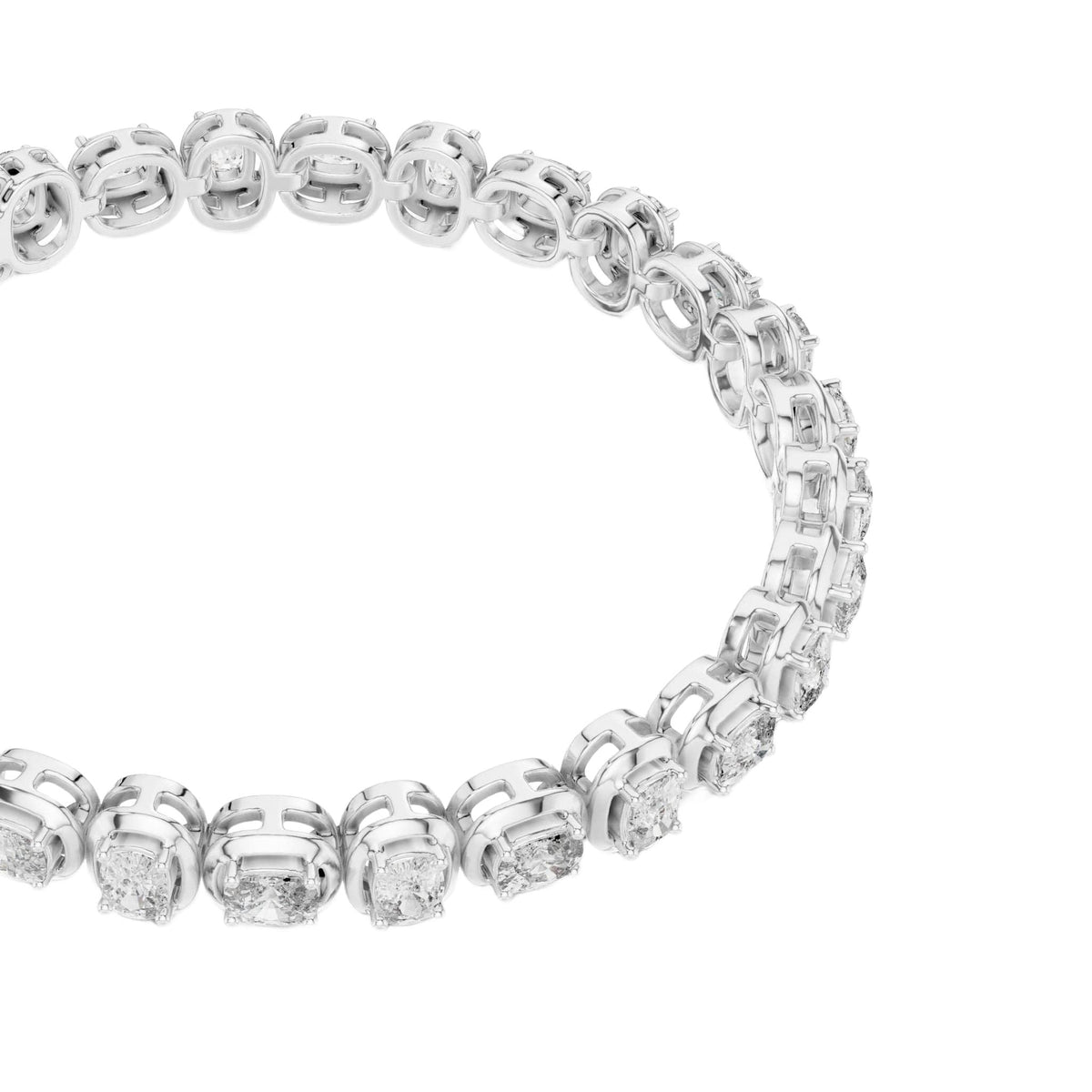 White metal diamond tennis bracelet with cushion-cut stones in a continuous chain row