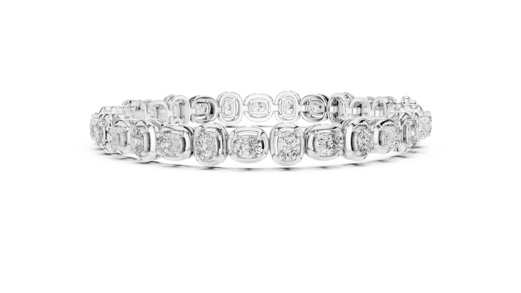 White gold cushion-cut diamond tennis bracelet, side profile with cushion-cut stone settings.