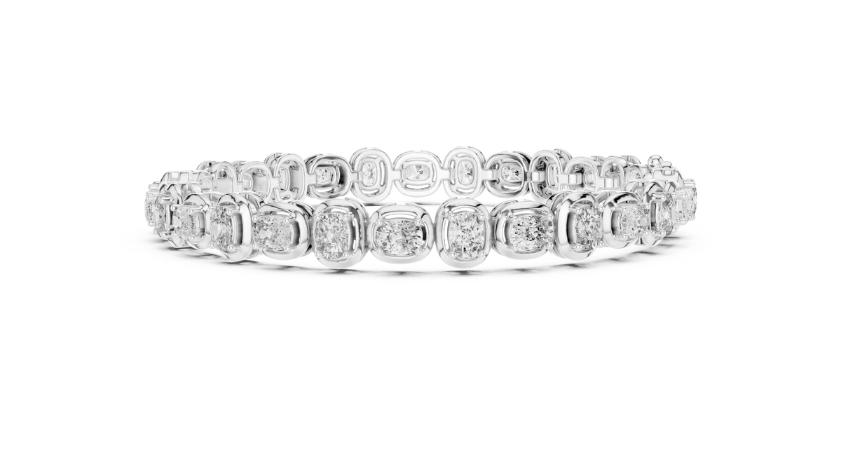 White metal cushion-cut diamond tennis bracelet with oval-cushion stones in a uniform line