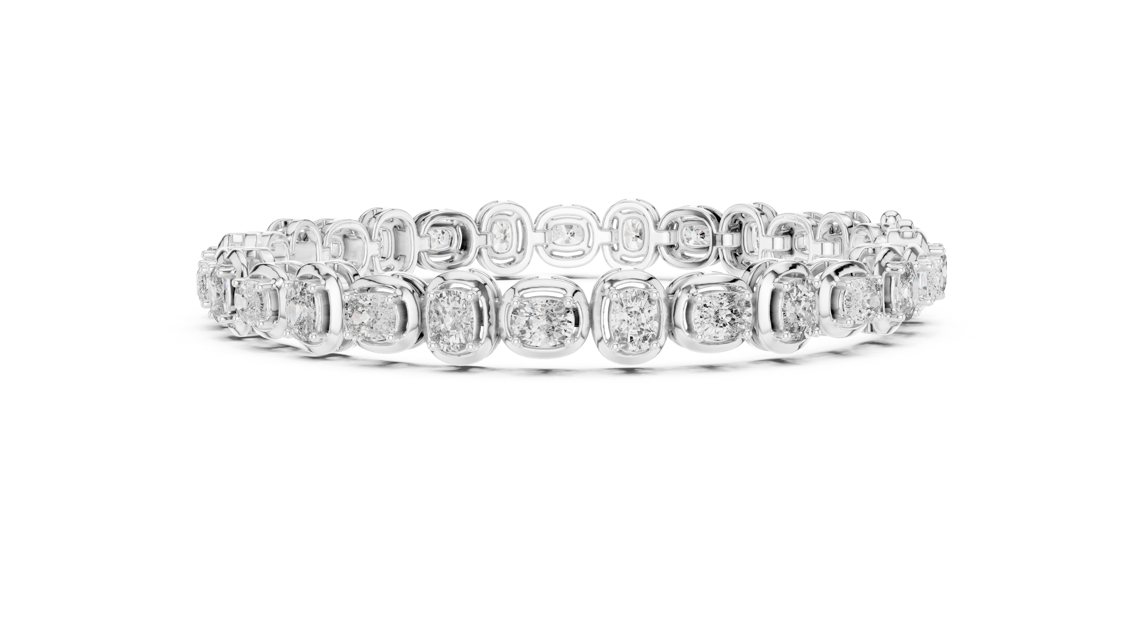 White gold cushion-cut diamond tennis bracelet, side profile with cushion-cut stone settings.