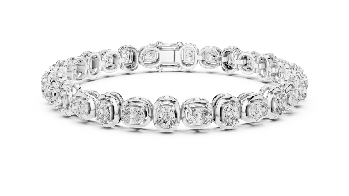 White metal diamond tennis bracelet featuring cushion-cut stones in a tightly set row