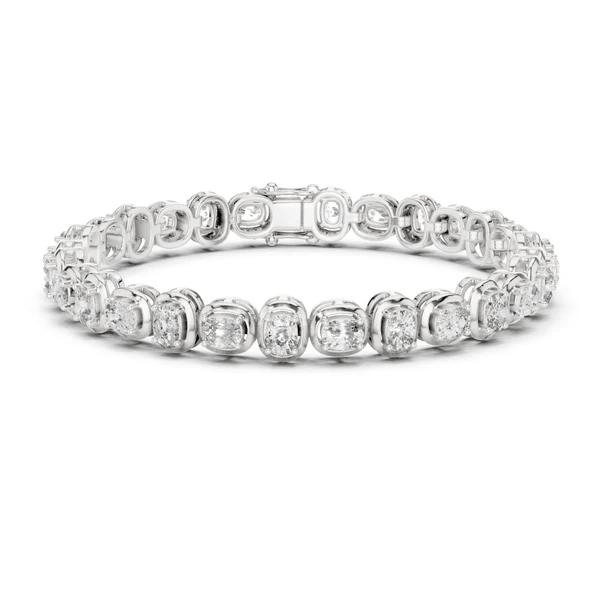 White gold tennis bracelet with cushion-cut diamond bezel-set row and hinged links