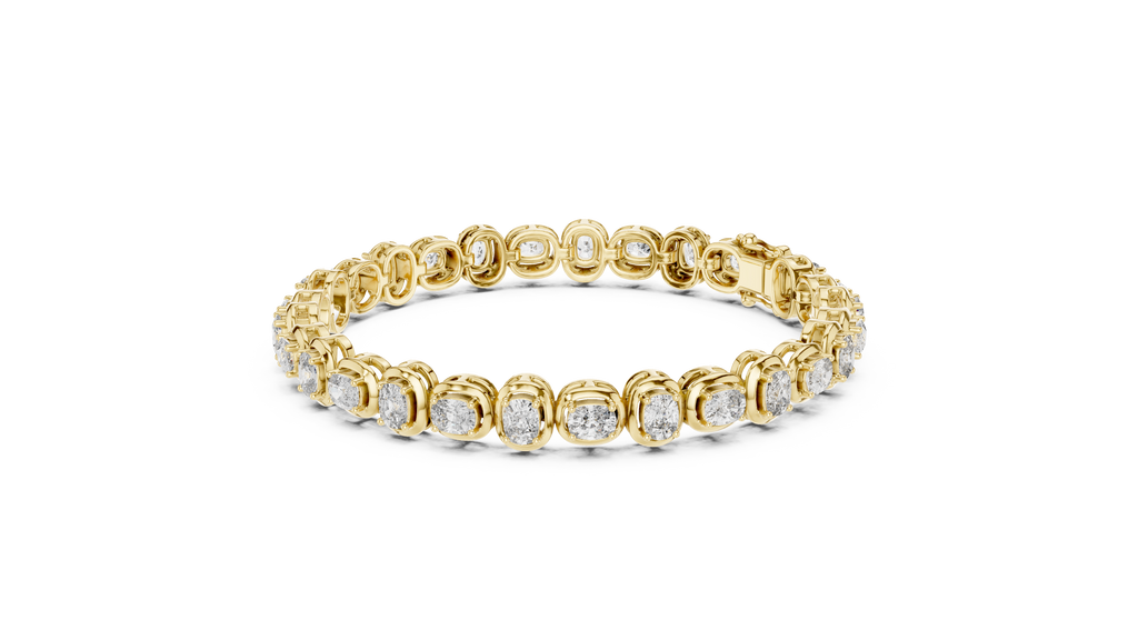 Yellow gold tennis bracelet with cushion-cut diamond links and bezel-set stones