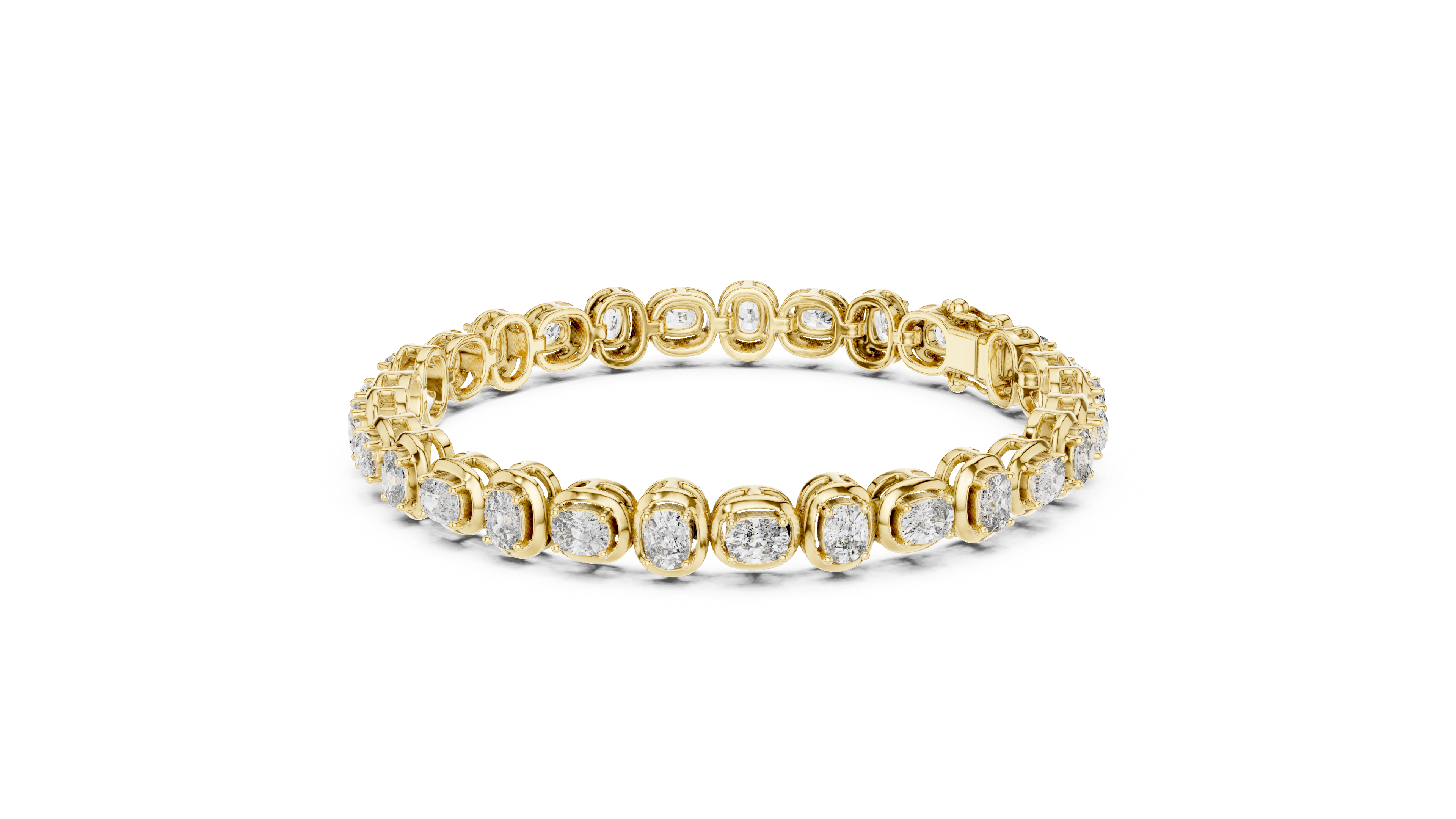 Yellow gold tennis bracelet with cushion-cut diamond links and bezel-set stones