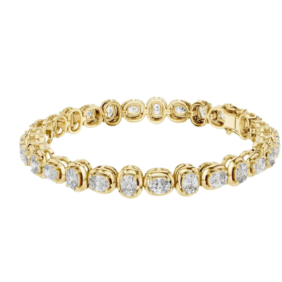 Yellow gold diamond tennis bracelet with cushion-cut stones in a linked chain design