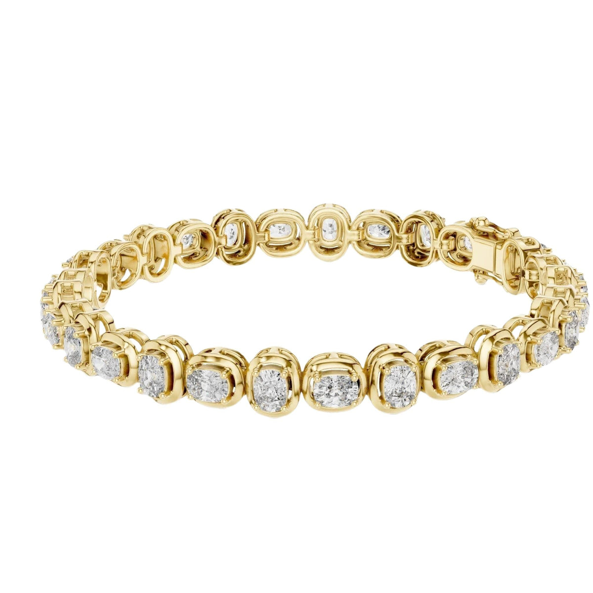 Yellow gold diamond tennis bracelet with cushion-cut stones in a linked chain design