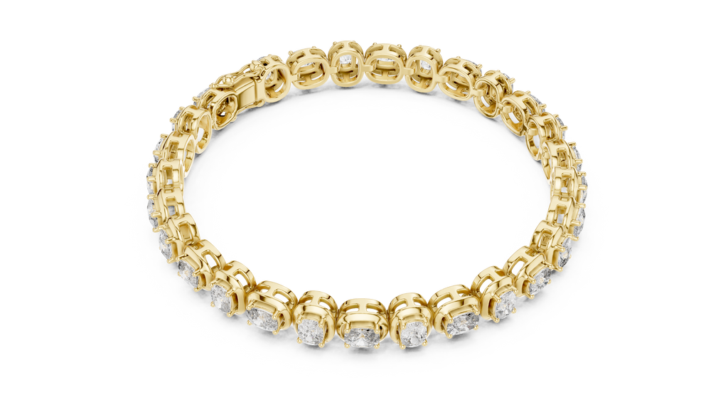 Gold tennis bracelet with cushion-cut diamond row and open ring profile