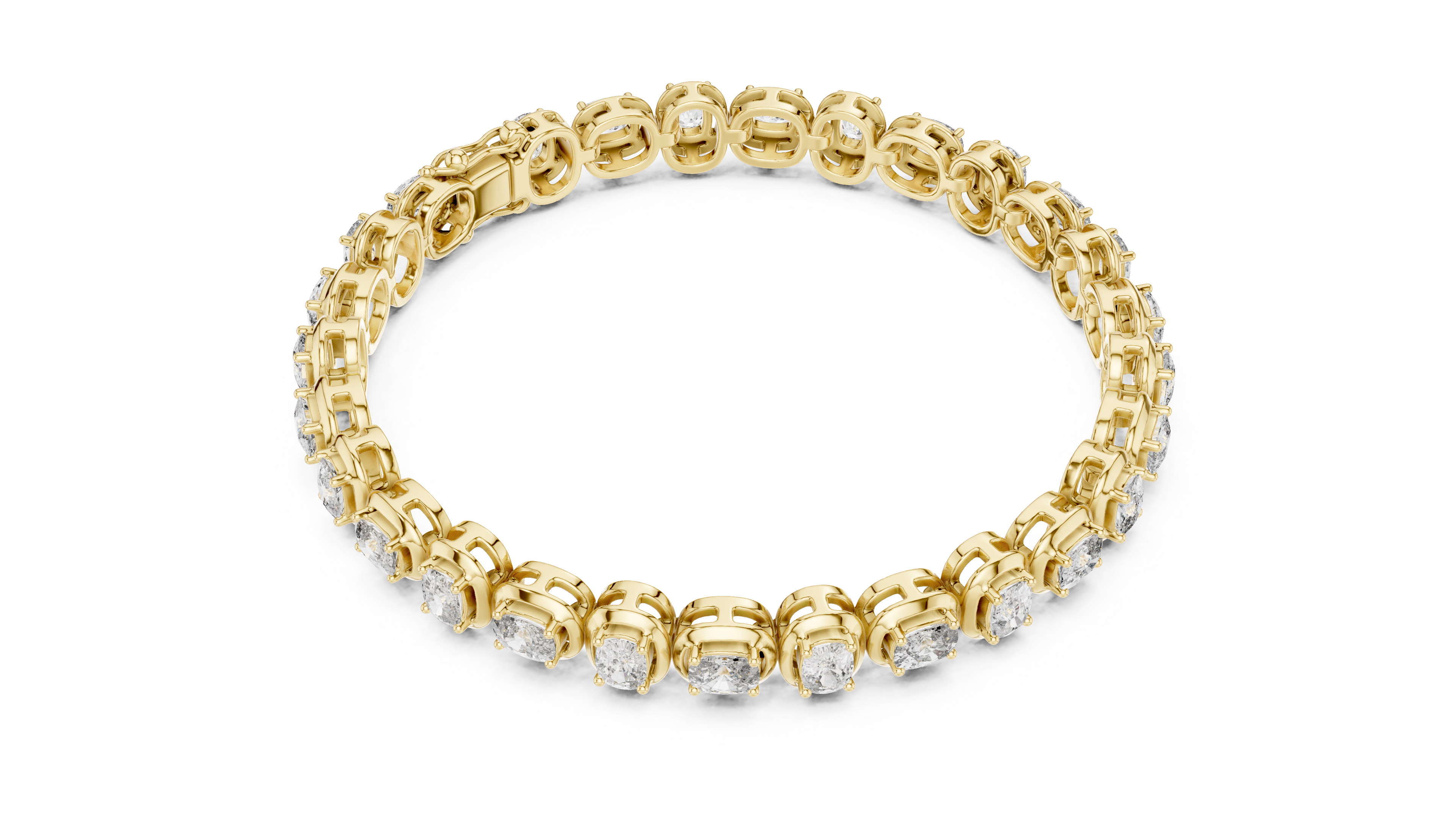 Gold tennis bracelet with cushion-cut diamond row and open ring profile