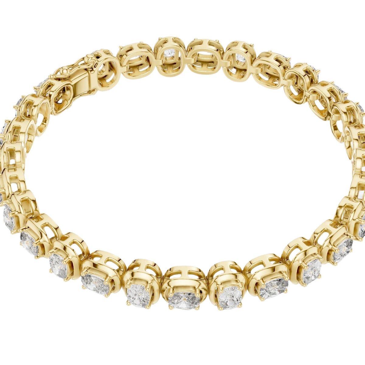 Yellow gold cushion-cut diamond tennis bracelet with small sparkle stones along the band