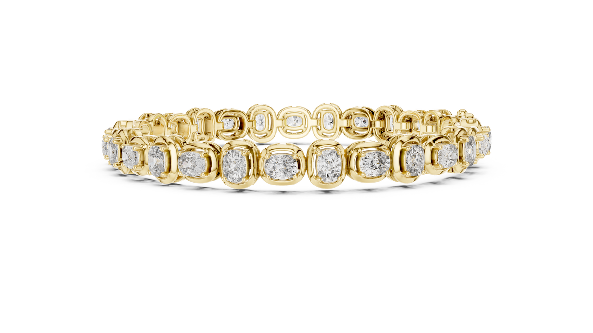 Two-tone diamond tennis bracelet look: yellow gold links with cushion-cut stones in rows