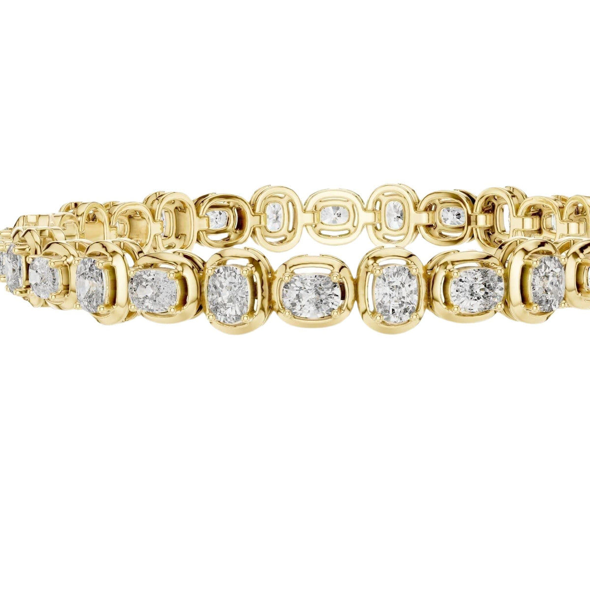 Two-tone diamond tennis bracelet look: yellow gold links with cushion-cut stones in rows