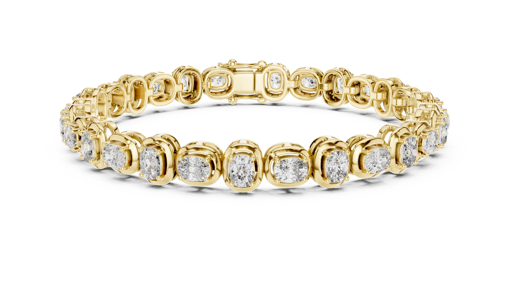 Two-tone tennis bracelet, curved front view, cushion-cut diamond bezel-set links