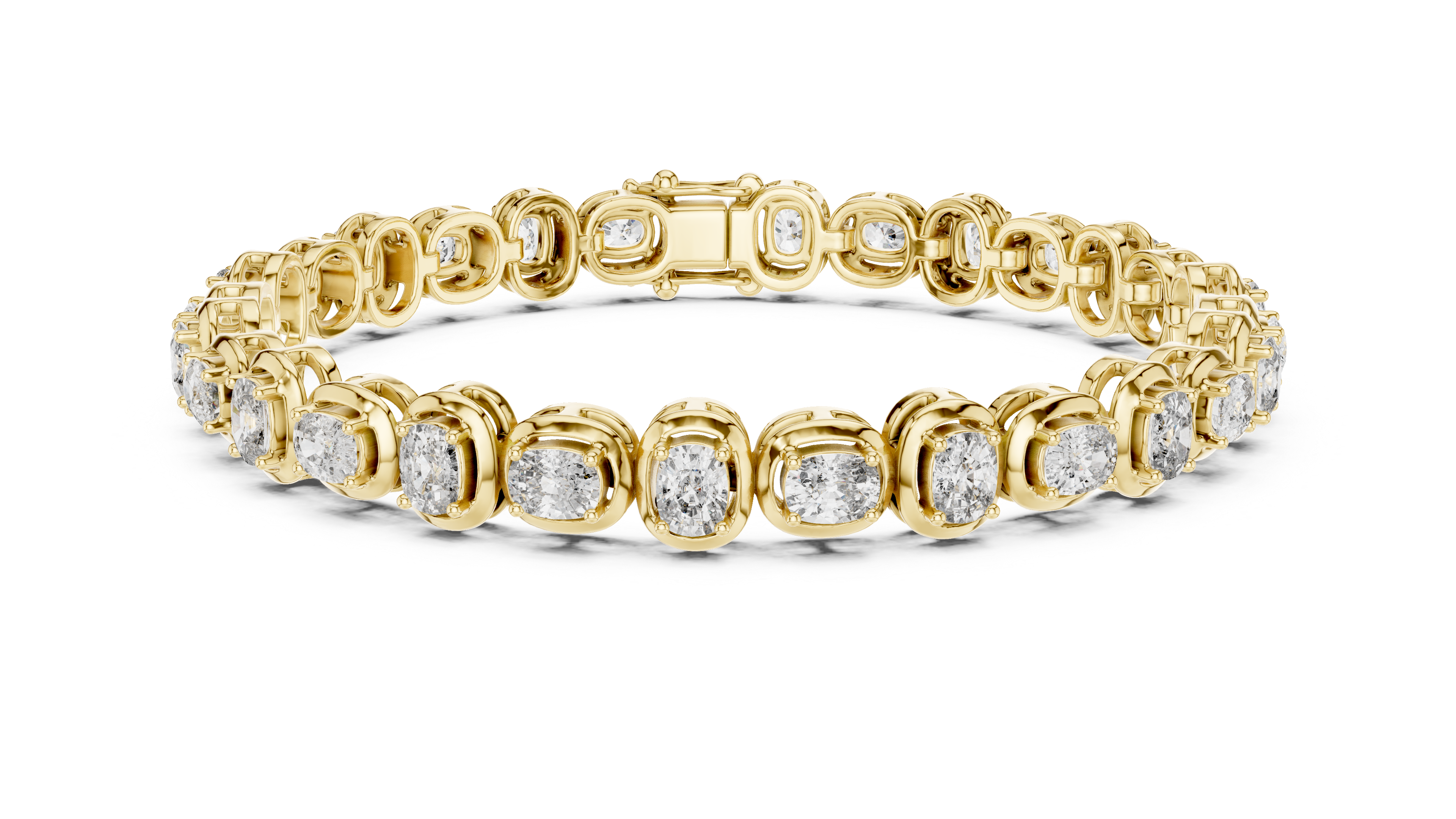 Two-tone tennis bracelet, curved front view, cushion-cut diamond bezel-set links