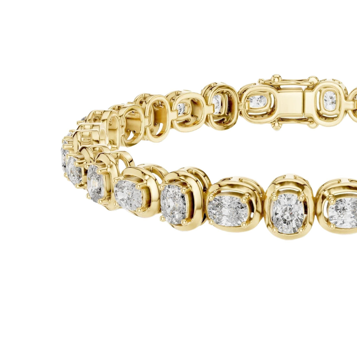Yellow gold cushion-cut diamond tennis bracelet with repeating cushion stones