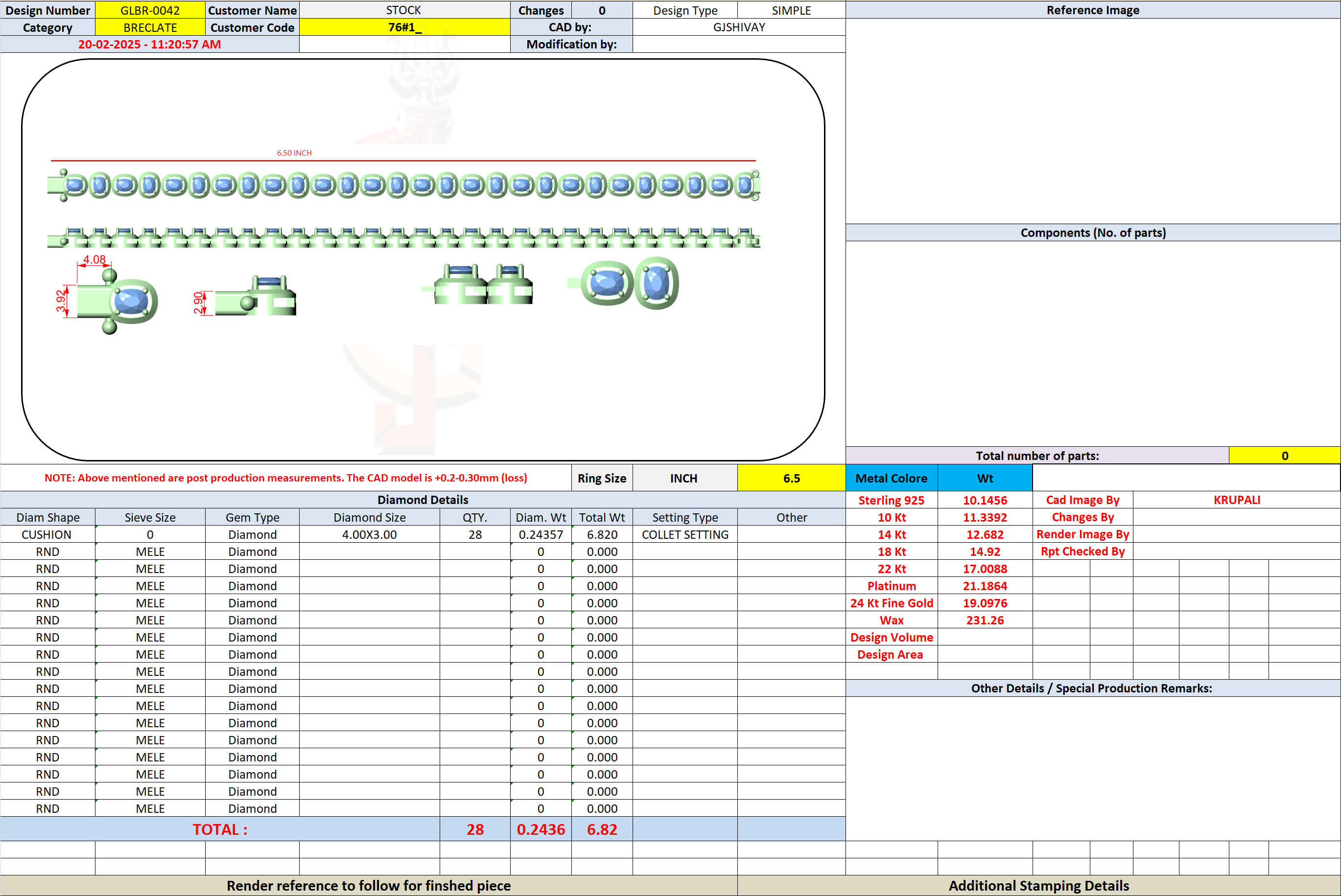Jewelry CAD parts list screen showing bracelet components and dimensions