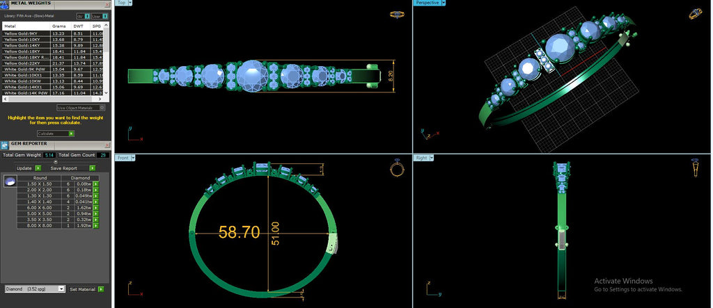 Diamond bangle CAD design screenshot with measurements and top/side views