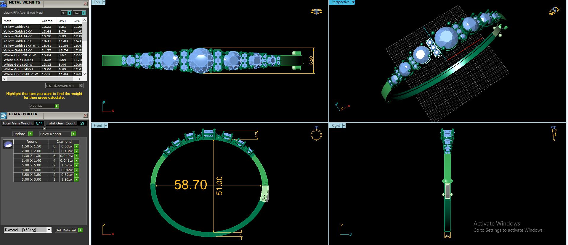 Diamond bangle CAD design screenshot with measurements and top/side views