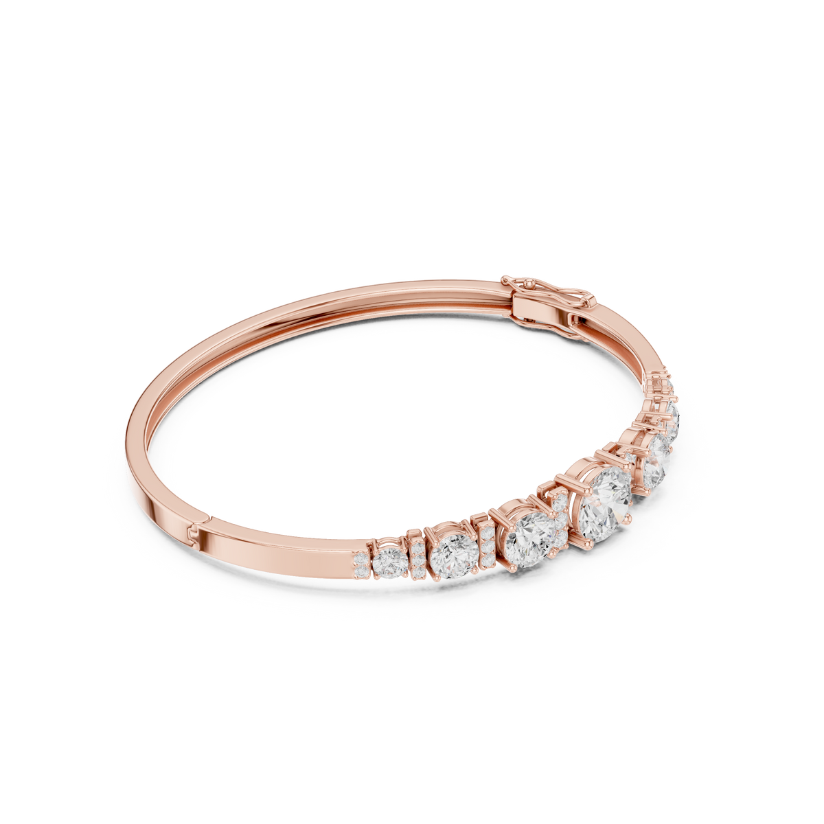 Rose gold diamond bangle with graduated round stones and hinged clasp detail