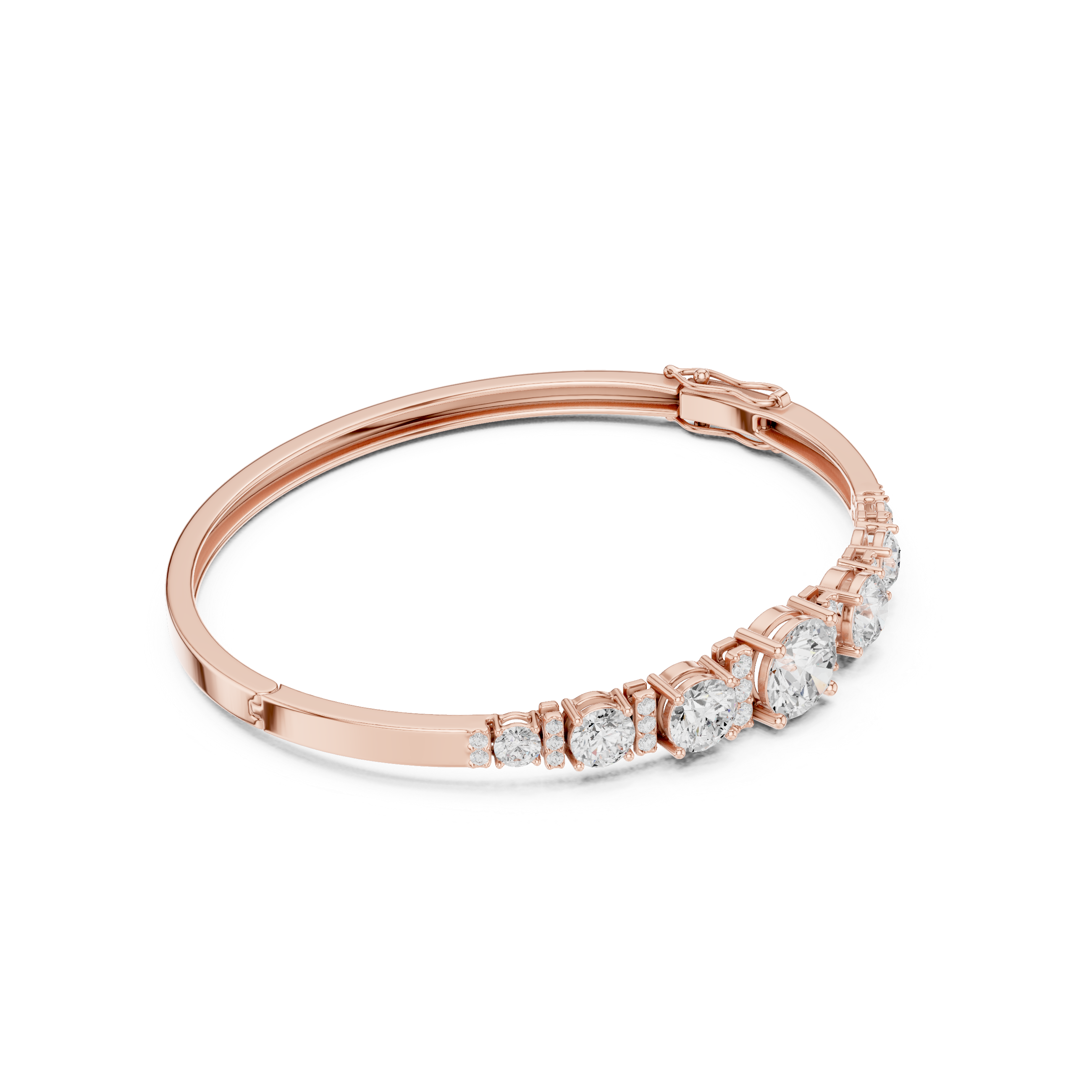 Rose gold diamond bangle with graduated round stones and hinged clasp detail