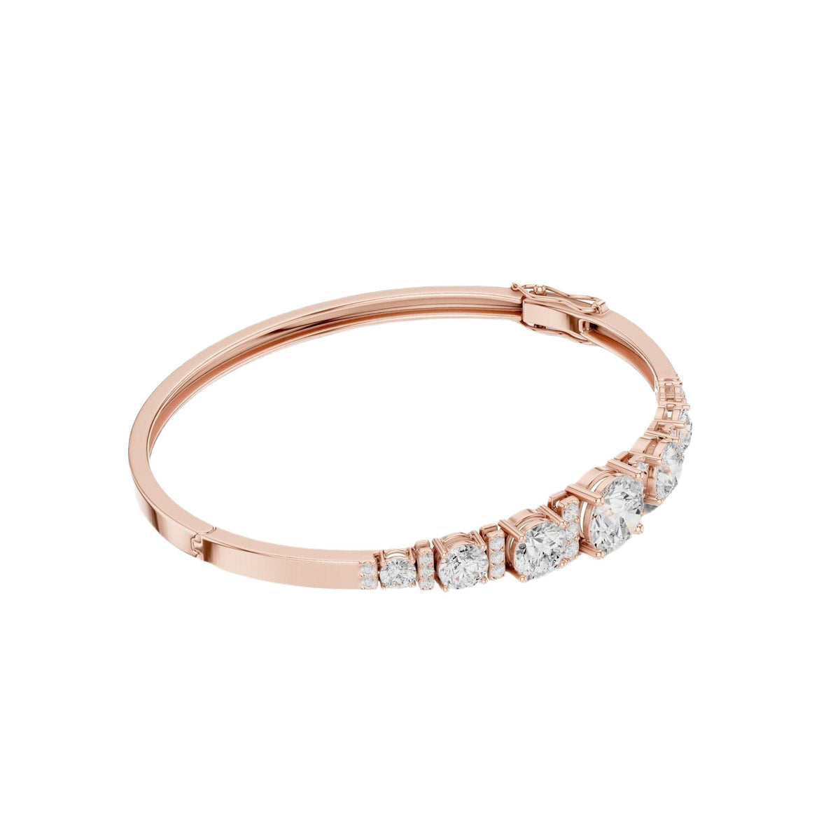 Rose gold diamond bangle with graduated round stones and hinged clasp detail