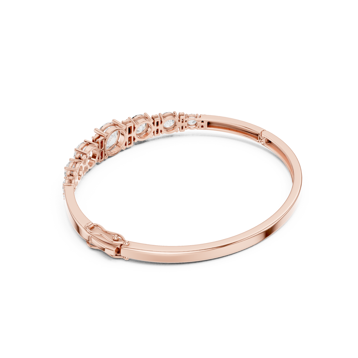 Rose gold diamond bangle with graduated round stones, side view with clasp
