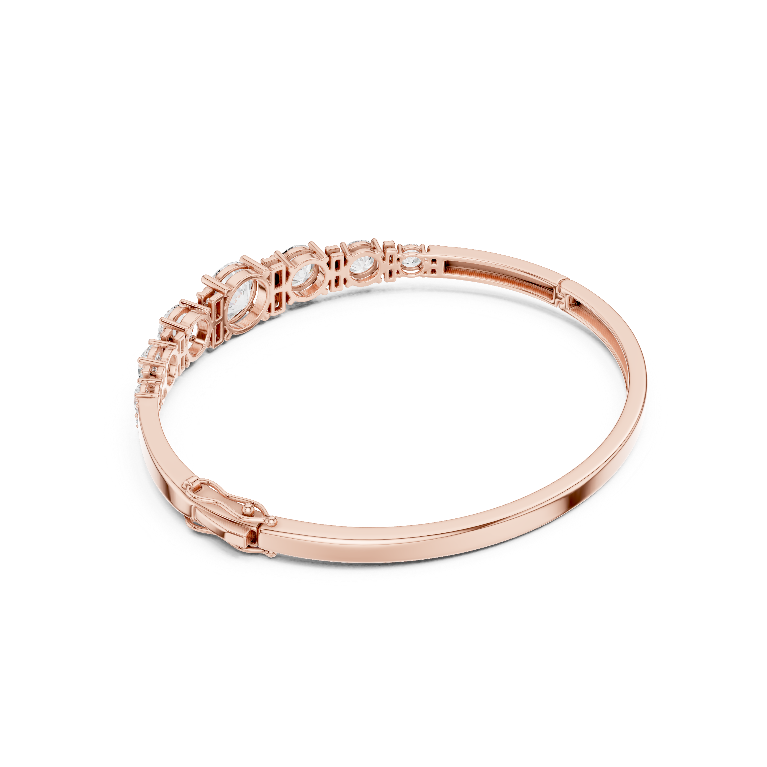 Rose gold diamond bangle with graduated round stones, side view with clasp