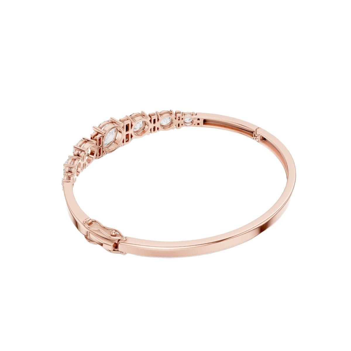 Rose gold diamond bangle with graduated round stones, side view with clasp