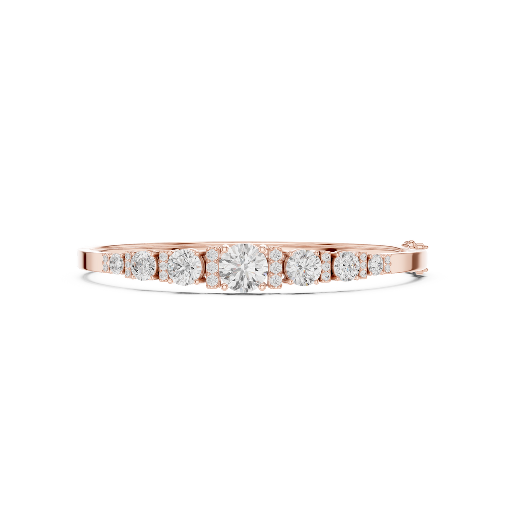 Rose gold diamond bangle top view with seven graduated round stones