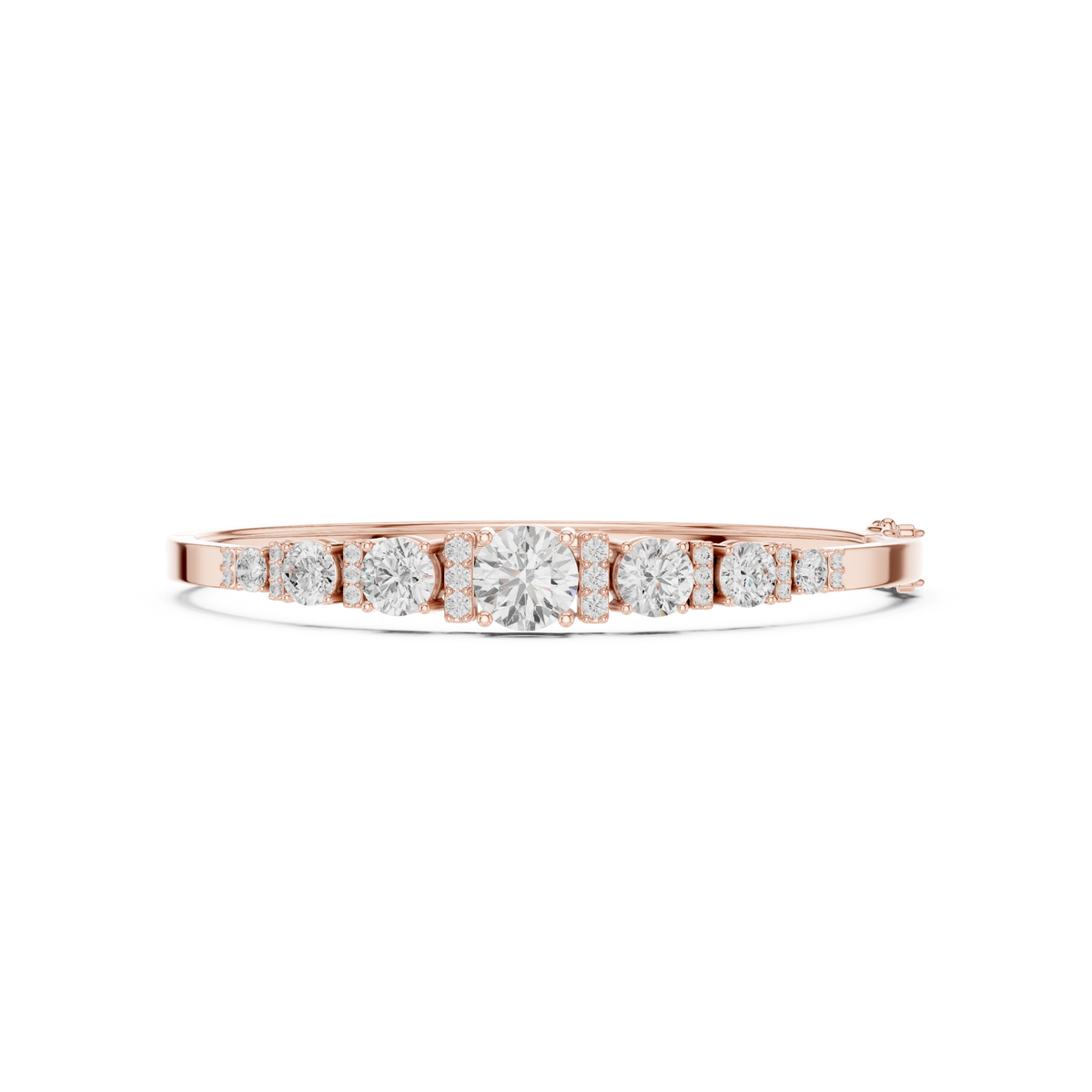 Rose gold diamond bangle top view with seven graduated round stones
