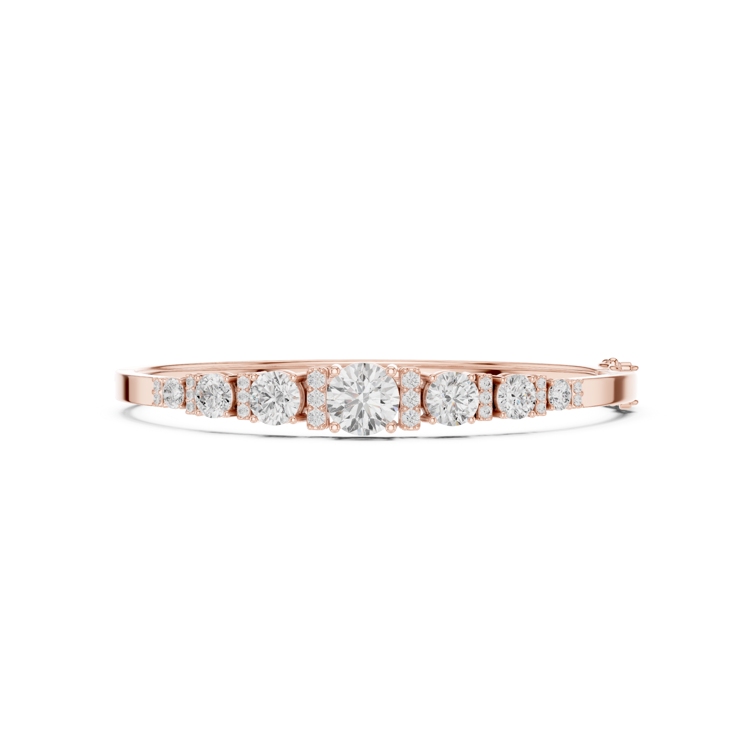 Rose gold diamond bangle top view with seven graduated round stones