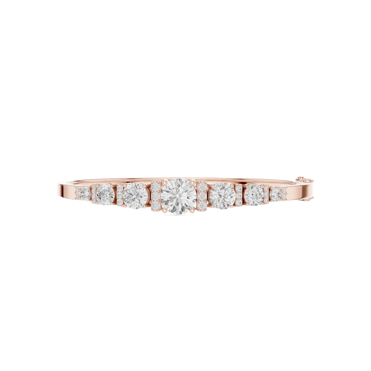 Rose gold diamond bangle top view with seven graduated round stones