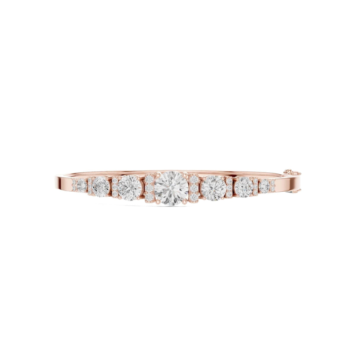 Rose gold diamond bangle top view with seven graduated round stones