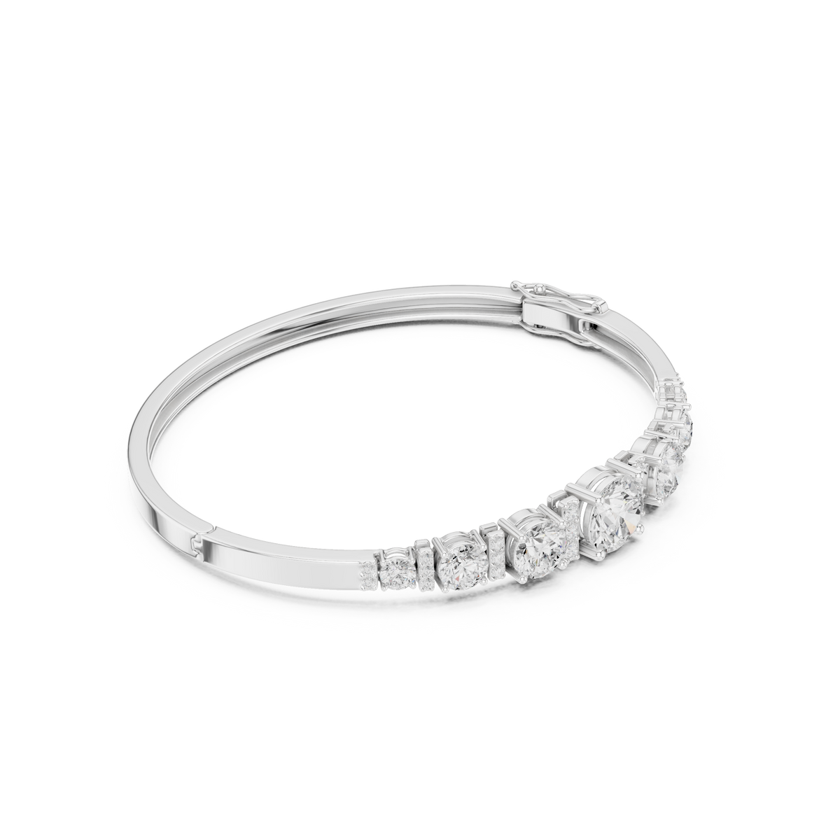 White gold diamond bangle with graduated round stones and hinge clasp detail