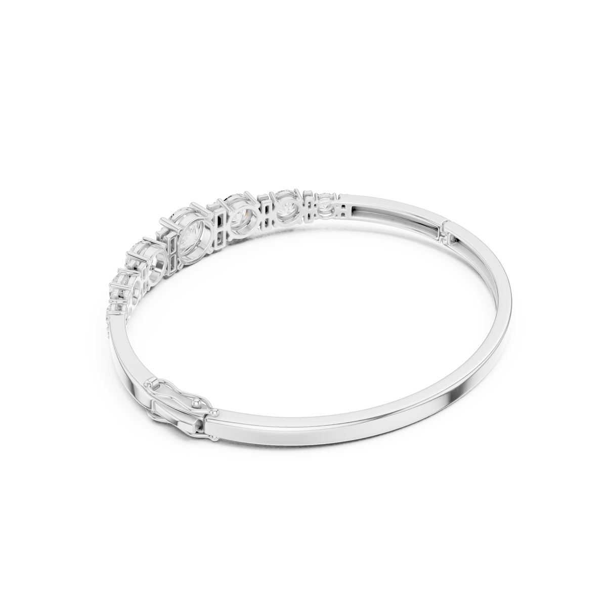 White gold diamond bangle with graduated round stones, angled view with clasp
