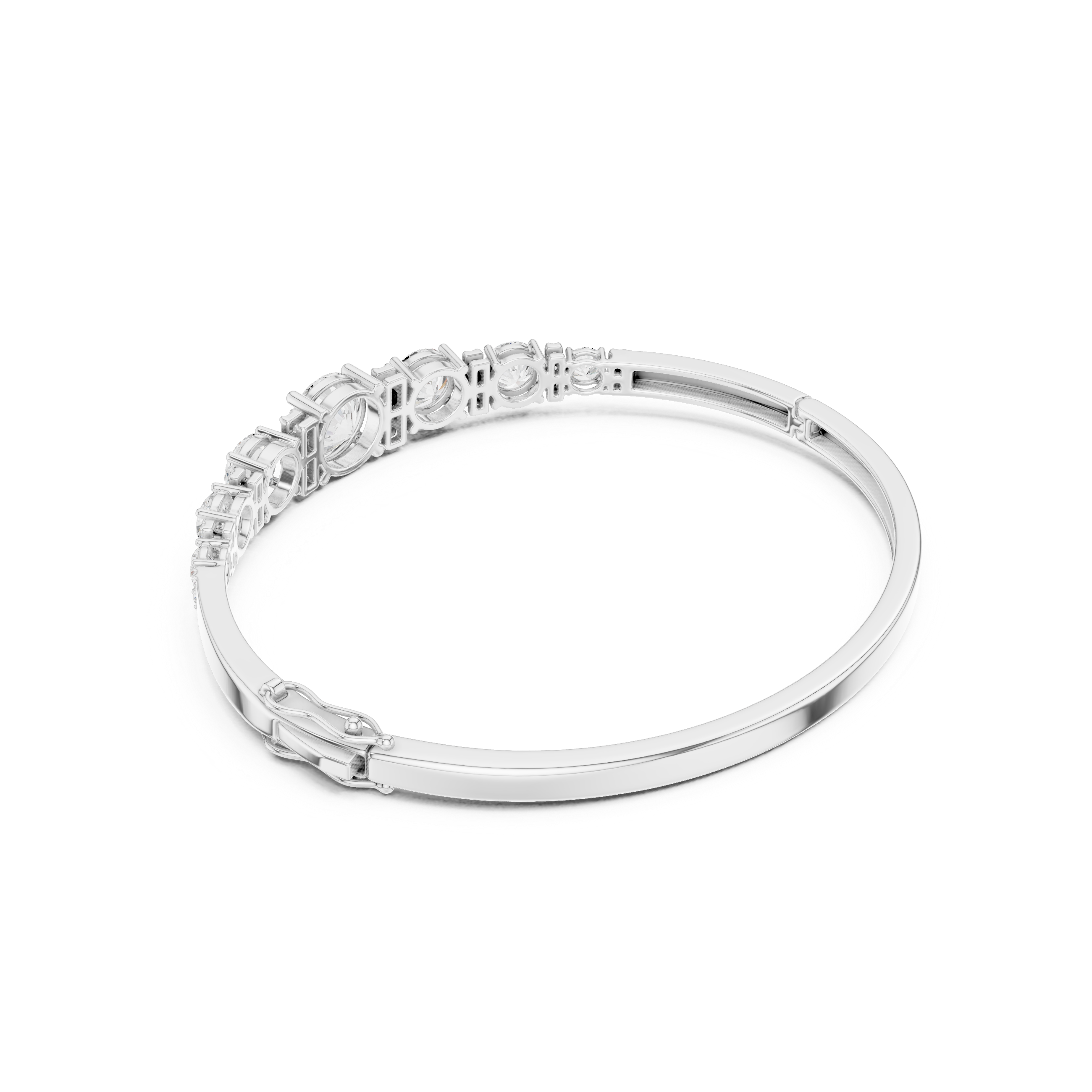 White gold diamond bangle with graduated round stones, angled view with clasp