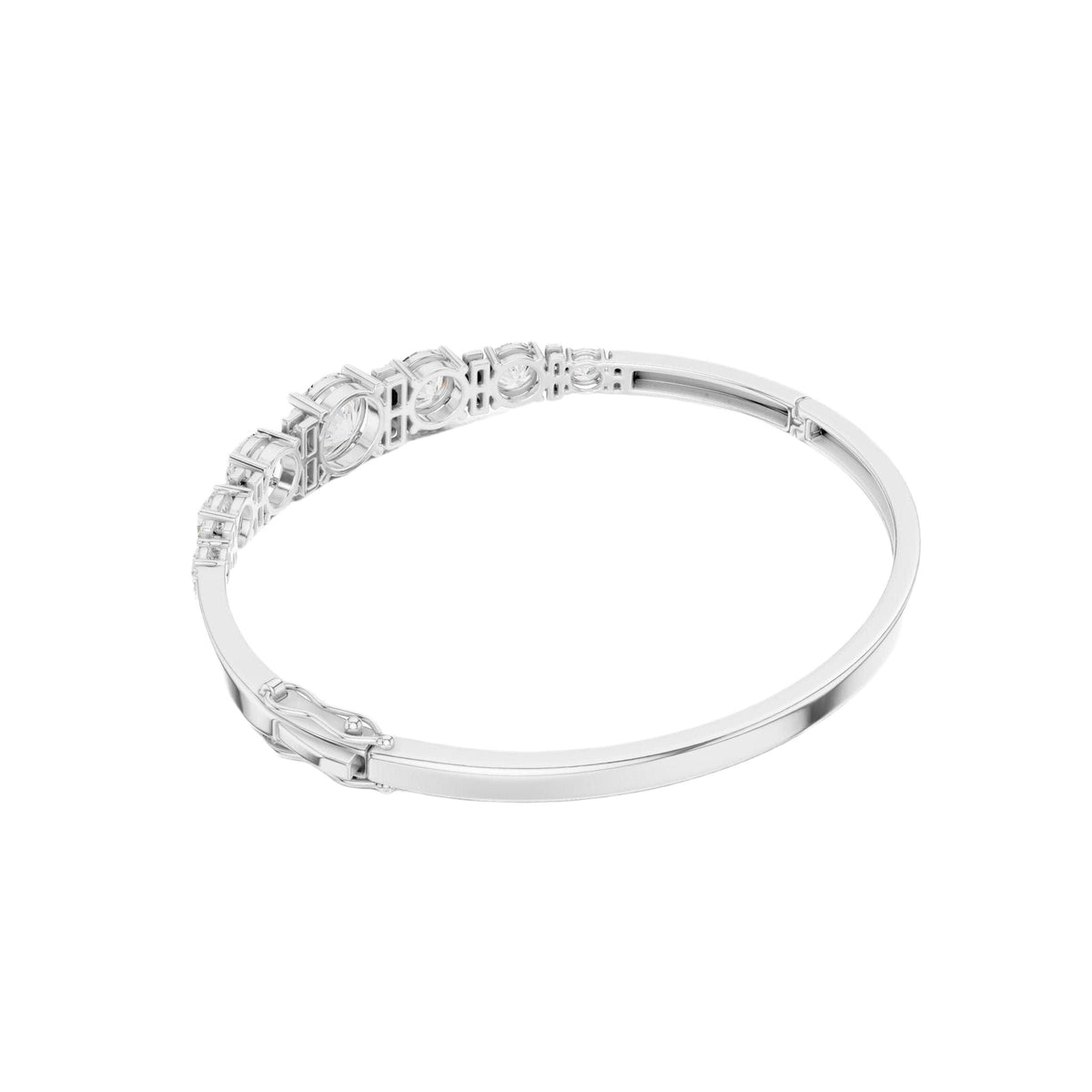 White gold diamond bangle with graduated round stones, angled view with clasp